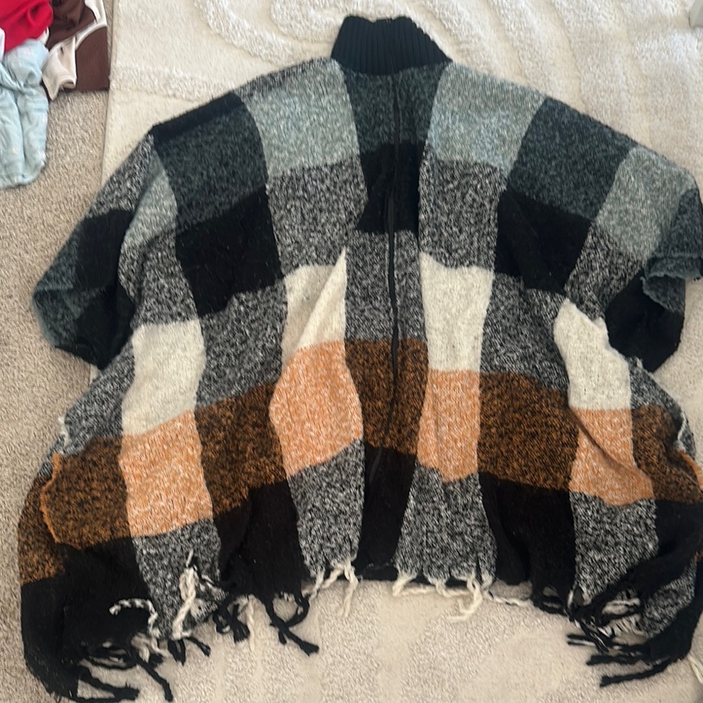 Plaid Poncho with Fringe